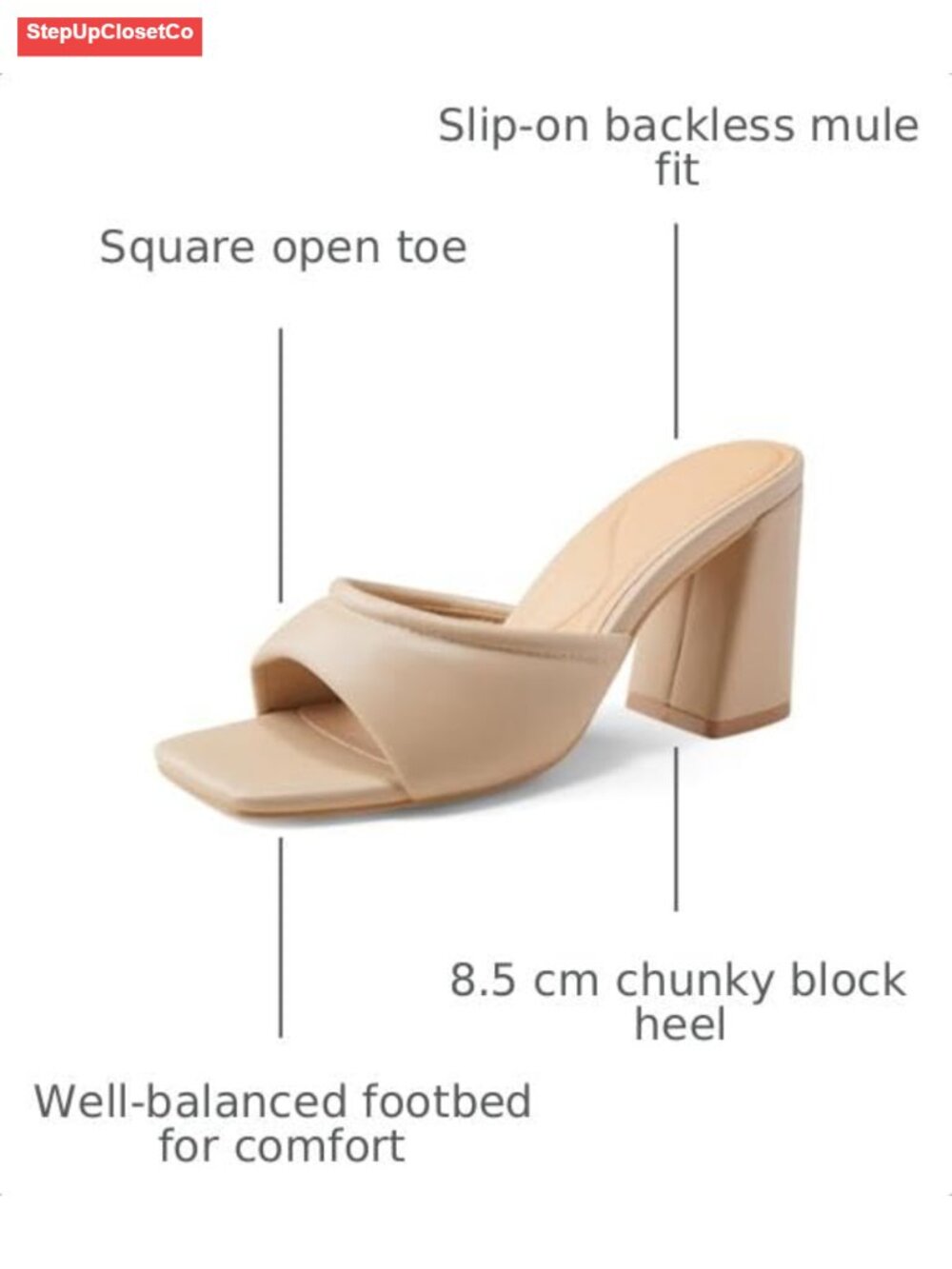 Women's Square Open Toe Block Heel Mule Sandals Slip On - Picture 2 of 6